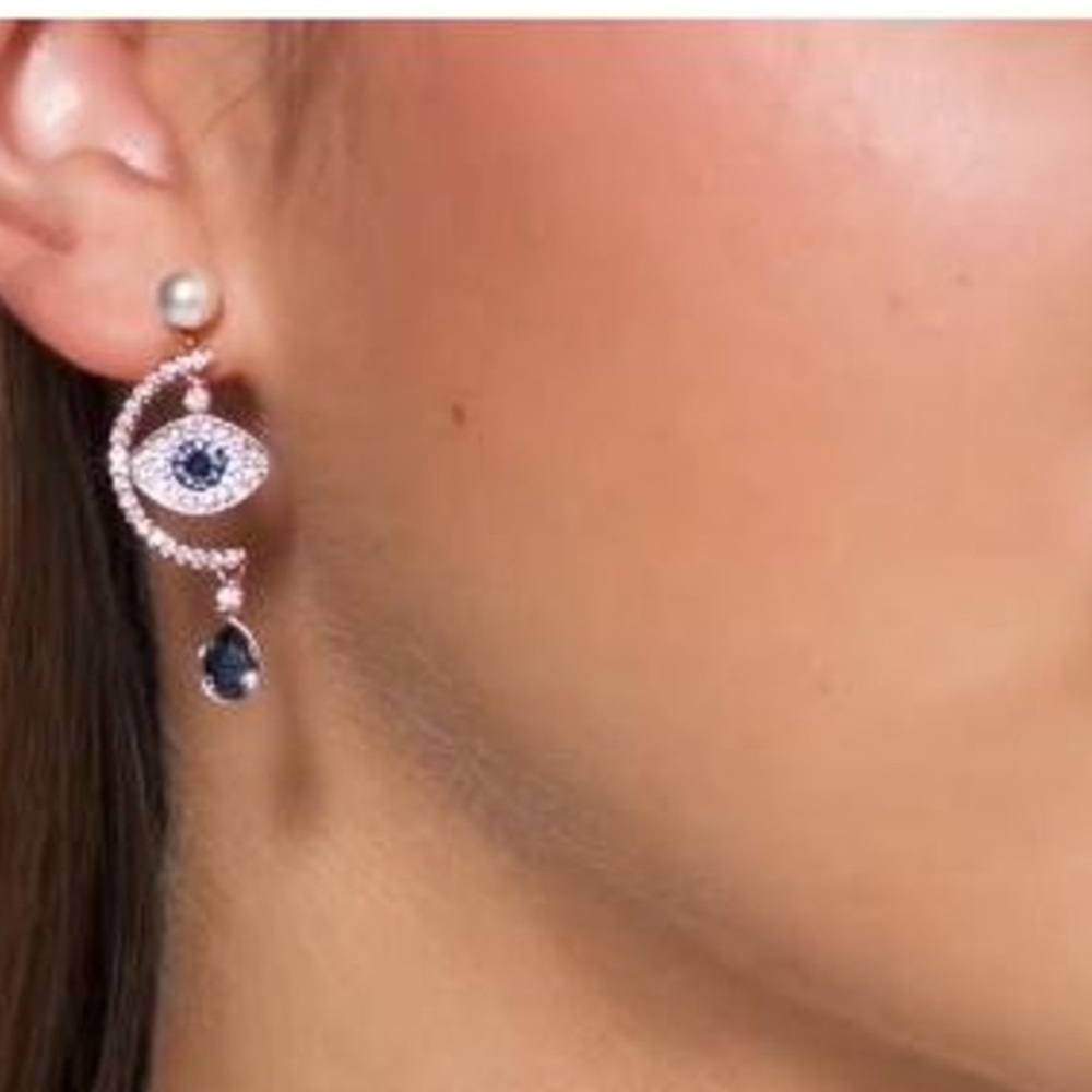 NWT SWAROVSKI EVIL EYE EARRING 5425860 ROSE GOLD PLATED with Blue & white stones - Picture 3 of 4